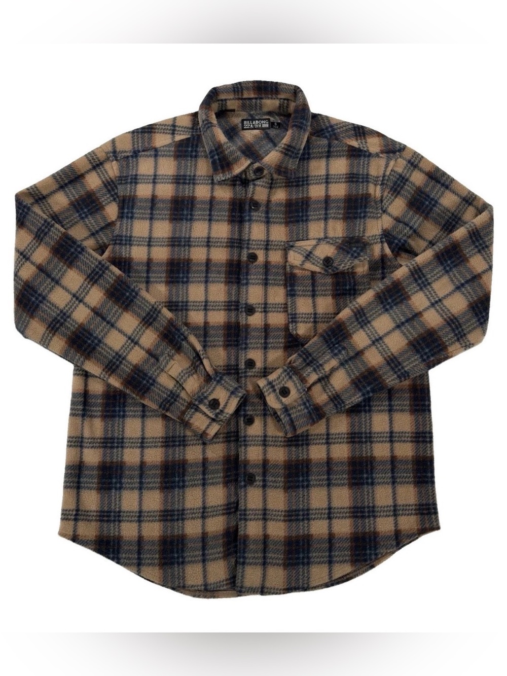 Billabong Adventure Division Mens S Plaid Fleece Shirt Jacket Shacket Brown Blue